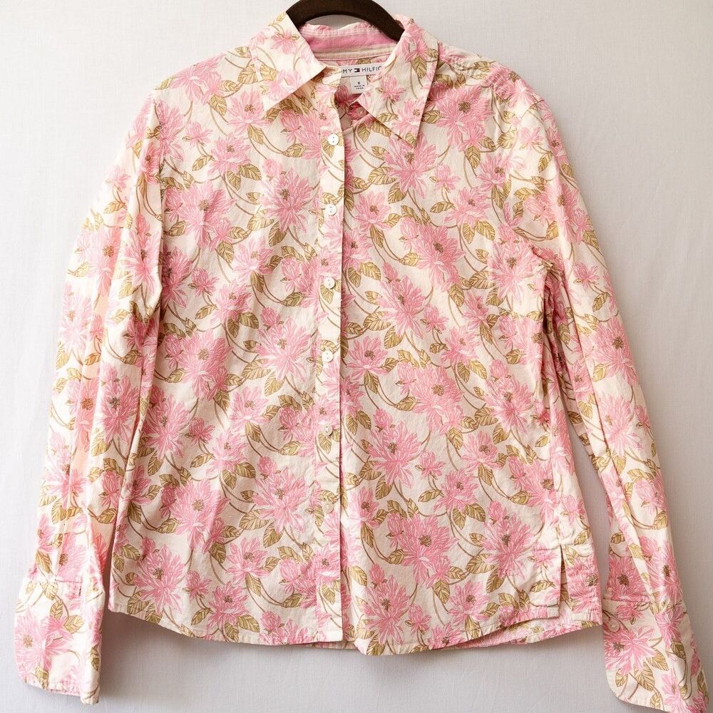 Tommy Hilfiger womens pink floral button up blouse 6 office‎ casual